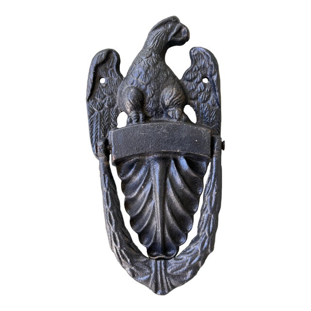 Antique Cast Iron Eagle Door Knocker With Shield & Laurel Motif For Sale