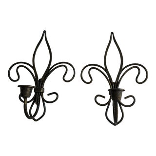 1960s Wrought Iron Fleur-De-Lis Candle Sconces- A Pair For Sale