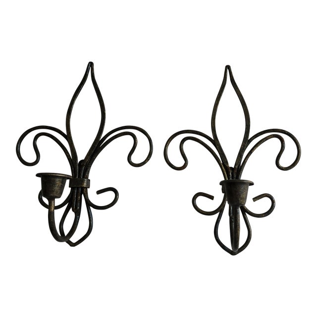 1960s Wrought Iron Fleur-De-Lis Candle Sconces- A Pair For Sale