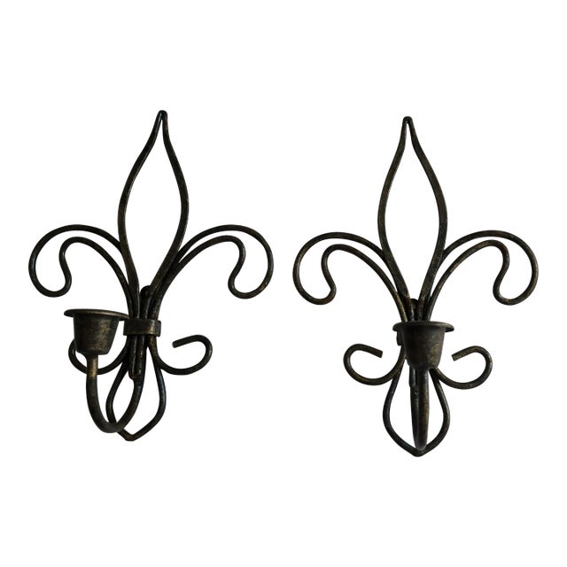 Wrought Iron Fleur-De-Lis Candle Sconces- A Pair For Sale