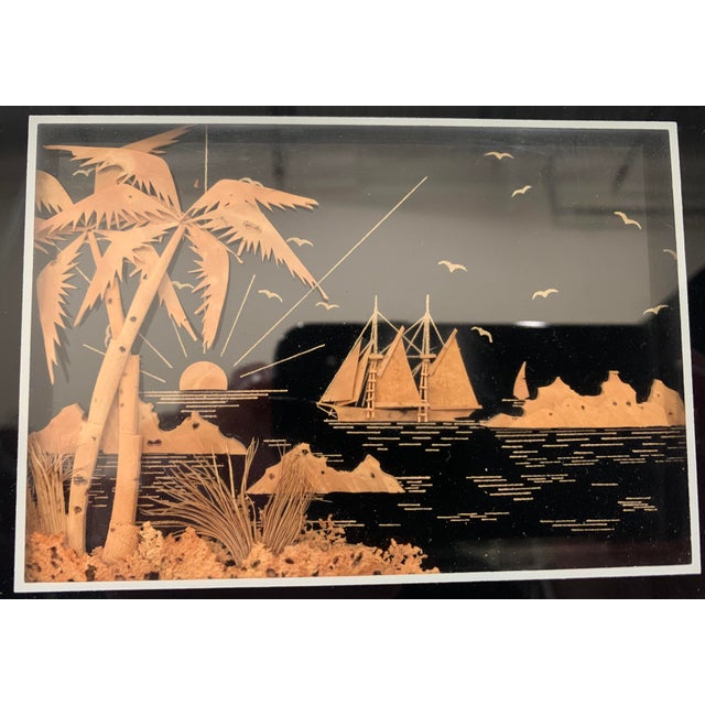 Wood Ocean View Tropical Scene With Masted Ship Done in Cork Within a Celluloid Faux Ivory Frame For Sale - Image 7 of 9