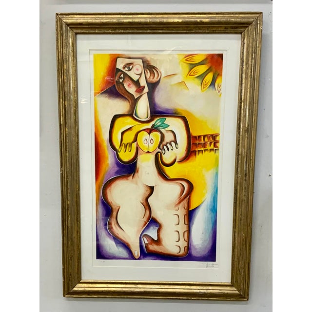 Beautiful and sensual hand signet and dated colored lithograph . Framed in antique gilt frame . Romanian-American artist...