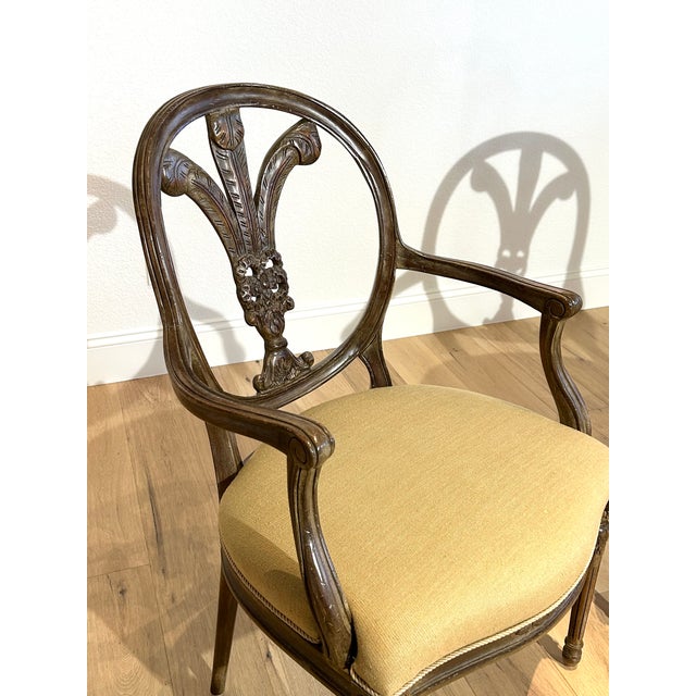 Pair EJ Victor Plume Back Fauteuil Chairs in Gold Silk Fabric & Gold Welt Cord Trim Finished in Distressed Antiqued Green