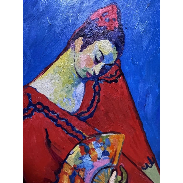 Oil Painting Girl in Red With a Fan Victor Konotopsky For Sale - Image 4 of 9