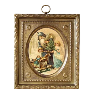 Victorian Santa With Angel Girl Print in Embossed Brass Frame- Antique Vintage Style
