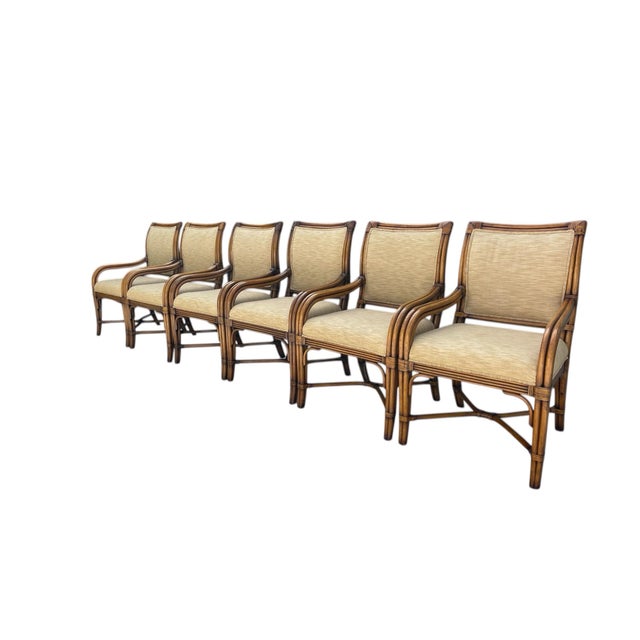 Vintage Organic Modern Rattan Dining Chairs With Arms and Upholstered Seats | Set of 6 For Sale In Naples, FL - Image 6 of 10