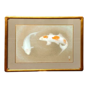 Japanese "Two Swimming Koi" Painting W/Gold Gilt Frame.
