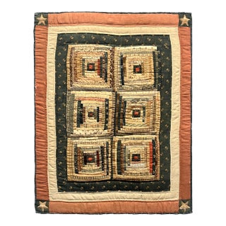 Early Primitive Log Cabin Quilt Section – Professionally Mounted, 21" X 27" For Sale