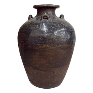 Brown Storage Water Jar Vessel with Small Loop Handles For Sale