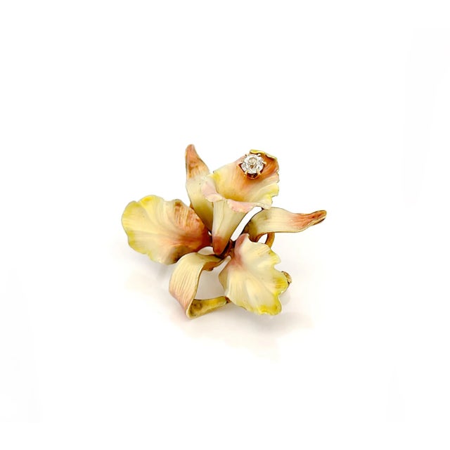 Victorian Antique Whiteside & Balnk 14k Iridescent Enamel Orchid Brooch For Sale - Image 3 of 10