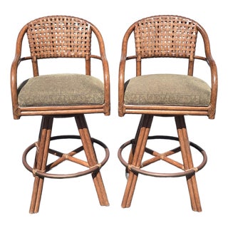 Pair of Vintage McGuire Bamboo Woven Leather Swivel Bar Stools Barstool For Sale