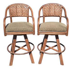 Pair of Vintage McGuire Bamboo Woven Leather Swivel Bar Stools Barstool