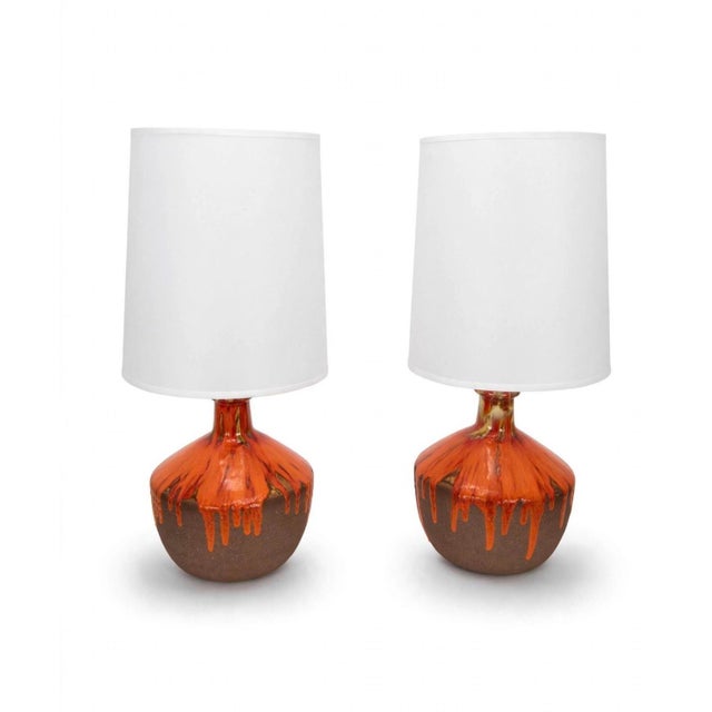 Metal Vintage Mid Century Modern 1960s Lava Drip Glazed Ceramic Set of Table Lamps Pair For Sale - Image 7 of 11