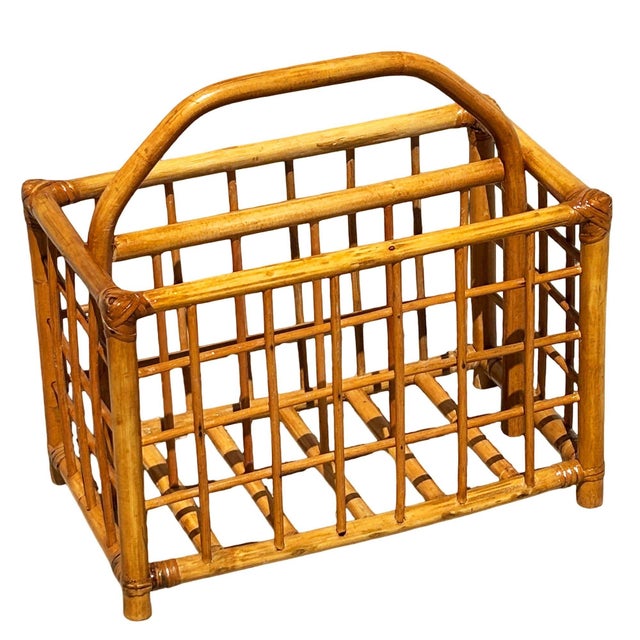 Wood Restored Mid 20th Century Geometric Reed Rattan Pattern Rattan Magazine Rack For Sale - Image 7 of 9