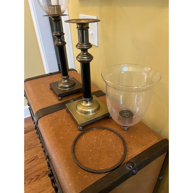 Brass Regency Style Brass Hurricane Lamps, Neoclassical Candlesticks With Glass Shades For Sale - Image 8 of 10