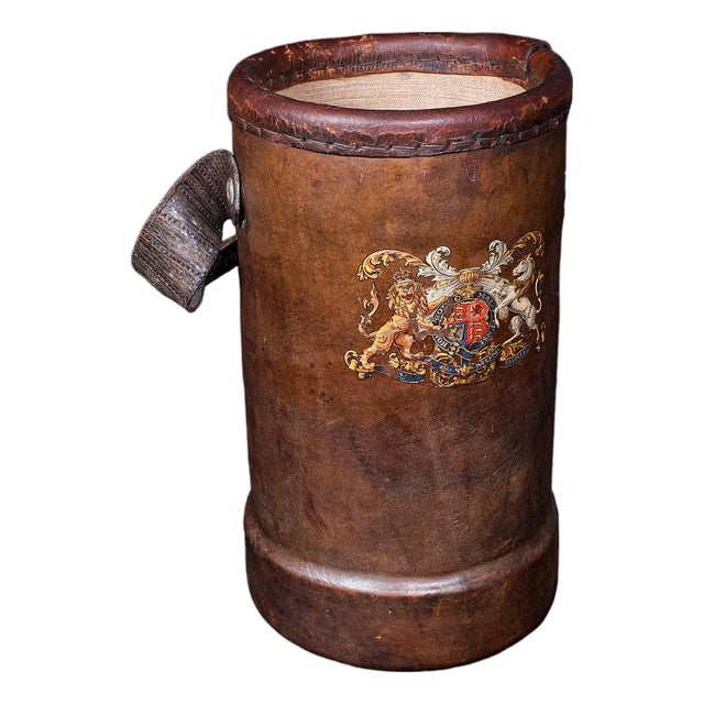 Vintage Decorative Stick Stand, English Leather Office Waste Basket, Storage Bin For Sale