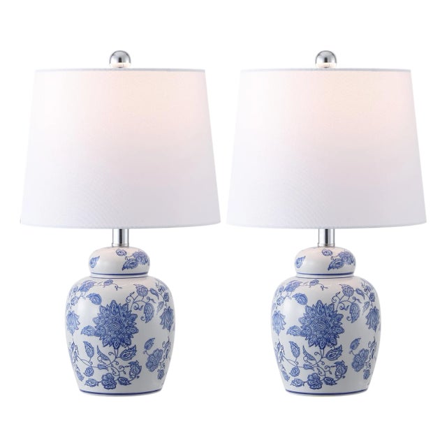 Sandra Chinoiserie Table Lamp in White/Blue - a Pair For Sale