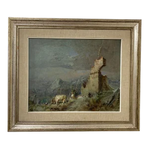 Enrico Del Bono "Paesaggio Fantastigo" Italian Grazing Cow Oil on Canvas Landscape