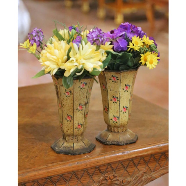 Pair of Early 20th Century French Hand-Painted Composition Flower Vases For Sale - Image 4 of 8
