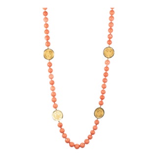 Vintage 18k Yellow Gold 1915 23k Austrian Gold Coin Coral Bead Station Necklace For Sale