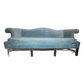 Vintage Down Filled Camelback Sofa - Velvet Silk Upholstery For Sale