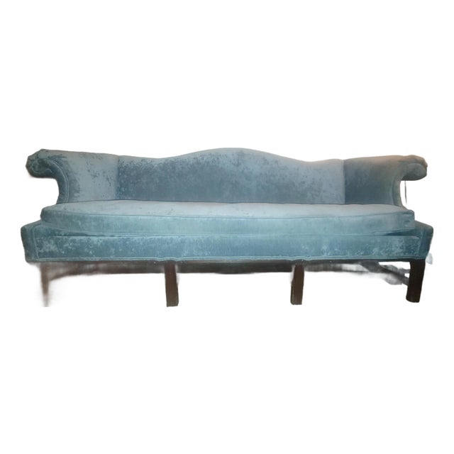 Vintage Down Filled Camelback Sofa - Velvet Silk Upholstery For Sale