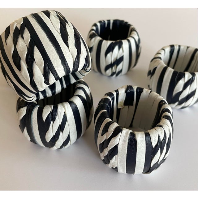 Set of 6 leather napkin rings in a classic and fun stripe pattern. Use them as part of a coastal, nautical table setting...