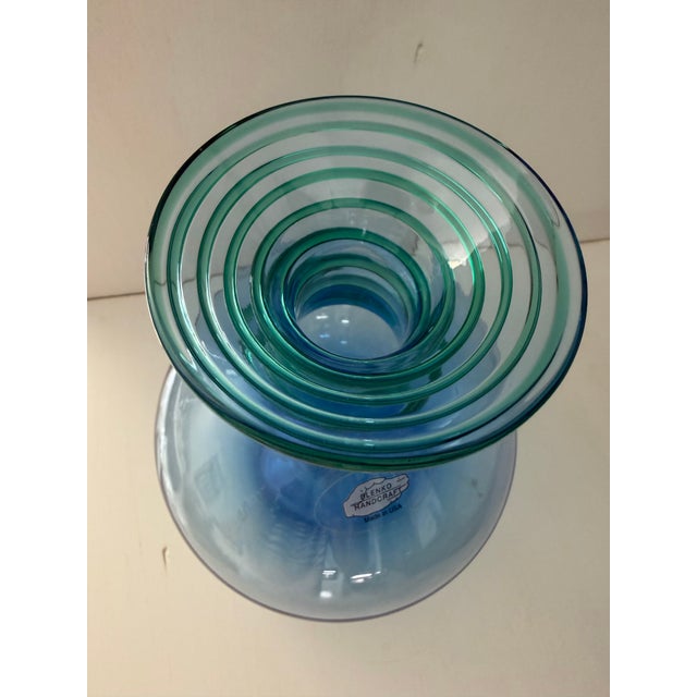 Contemporary Late 20th Century Blue Glass Vase With Green Spiral Coil Pattern, Blenko For Sale - Image 3 of 6