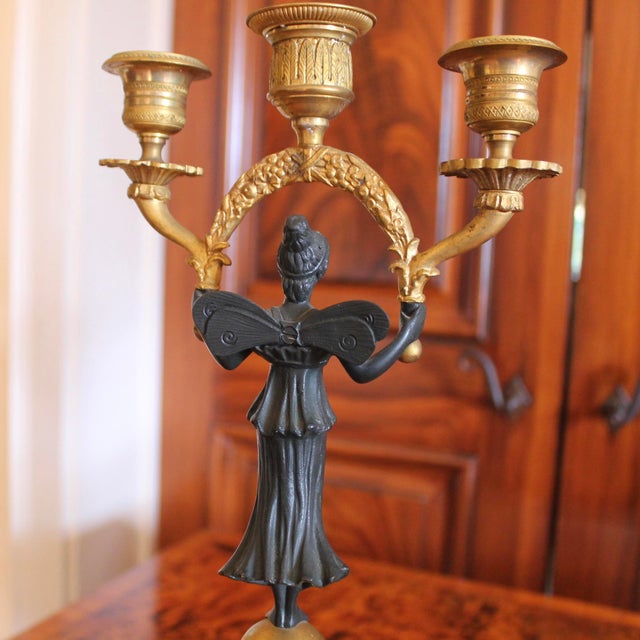 Pair of Continental Classical Gilt and Black Figural Three Light Candelabra For Sale - Image 13 of 14