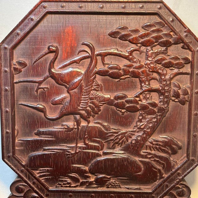 Vintage Chinese Blood Sandalwood Carved "Crane & Pine" Table Screen For Sale - Image 4 of 9