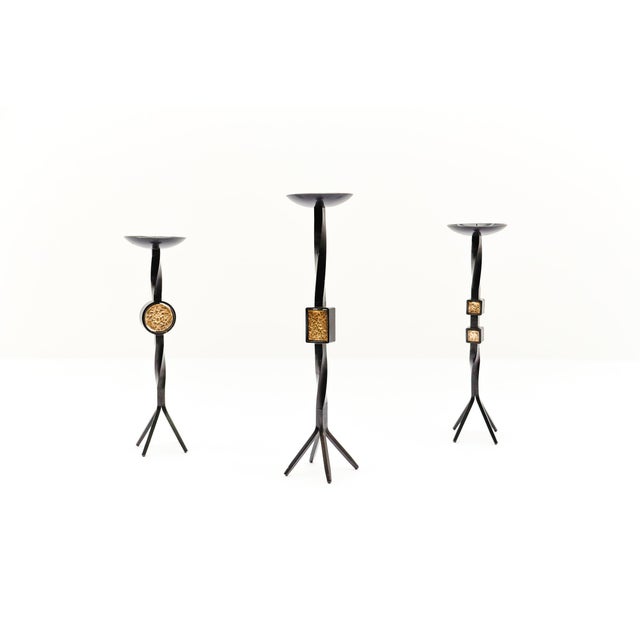Black Mid-Century Modern Handmade Iron and Brass Candleholders, 1950s, Set of 3 For Sale - Image 8 of 8