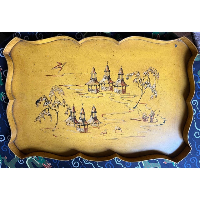 Chinoiserie Vintage Tole Chinoiserie Tray Table With Faux Bamboo Collapsible Stand For Sale - Image 3 of 12