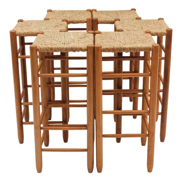 Mid-Century Bar Stools in Wood and Bast, Italy, 1960s, Set of 6 For Sale