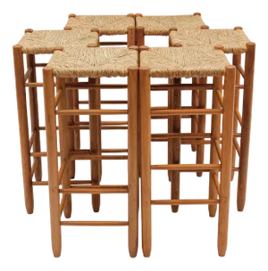 Mid-Century Bar Stools in Wood and Bast, Italy, 1960s, Set of 6