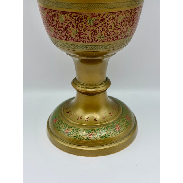 Shabby Chic Vintage Indian Brass Peacock Vase, Etched Enamel Pedestal Vase, Made in India For Sale - Image 3 of 6