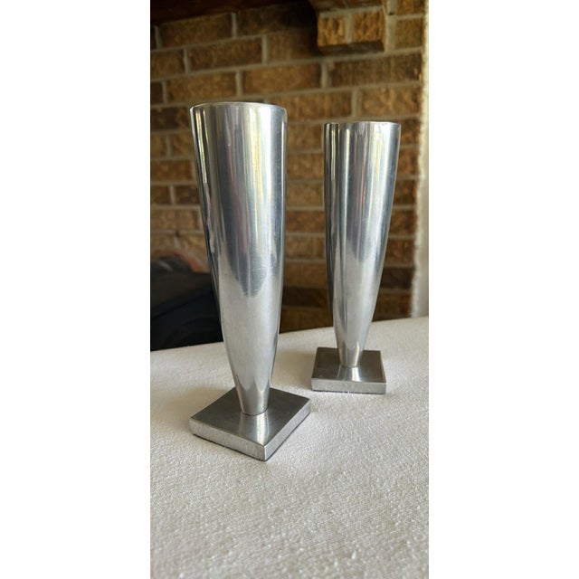 MCM Modernist Sleek Cast Aluminum Statement Piece Candlestick Set For Sale - Image 4 of 9