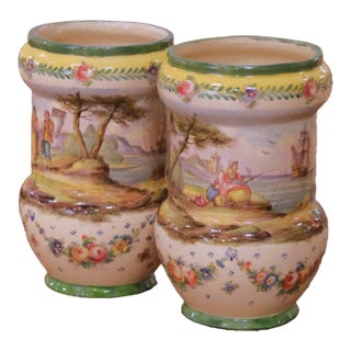 Pair of 19th Century French Hand Painted Faience Vases Stamped Lille 1767 For Sale