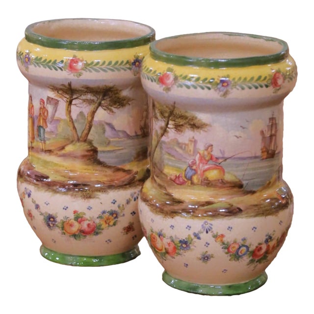 Pair of 19th Century French Hand Painted Faience Vases Stamped Lille 1767 For Sale