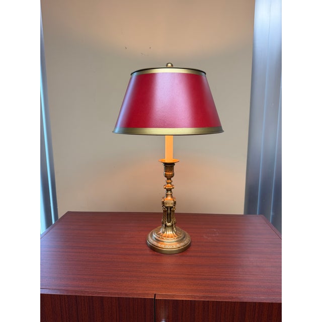 2010s Neoclassical Solid Brass Table Lamp With Red Shade For Sale - Image 5 of 7