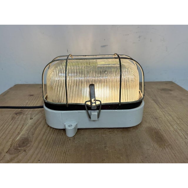 Industrial White Porcelain Cage Wall Light with Ribbed Glass, 1970s For Sale - Image 18 of 18