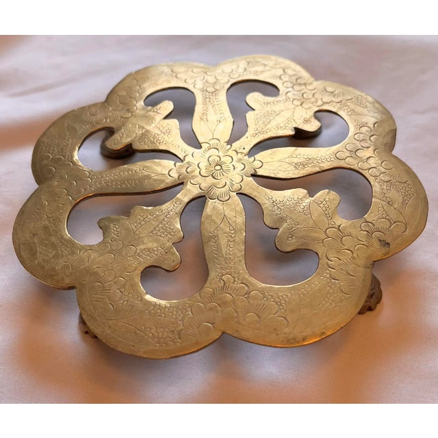 Mid-Century Modern Vintage Brass Footed Etched Trivet For Sale - Image 3 of 6
