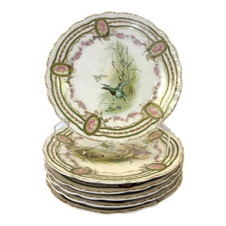 Early 1900's Austrian L. Strauss & Sons Scalloped Edge Porcelain Bird Plates- Set of 6 For Sale