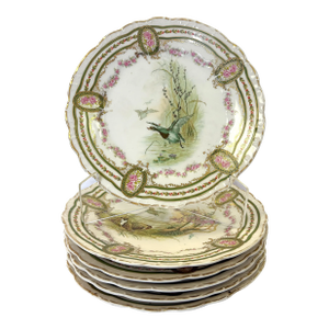 Early 1900's Austrian L. Strauss & Sons Scalloped Edge Porcelain Bird Plates- Set of 6