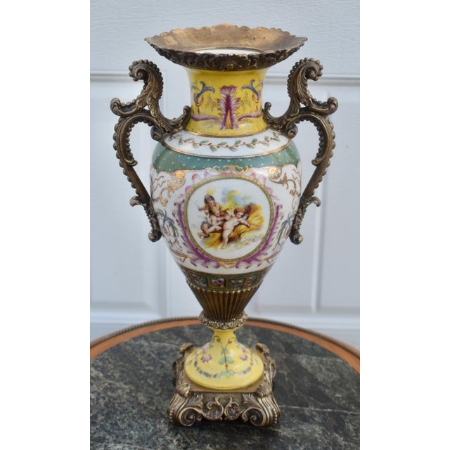 Yellow French Sevres Style Porcelain Urn Vase Vintage Gilt Bronze Ormolu Cherub Putti For Sale - Image 8 of 14