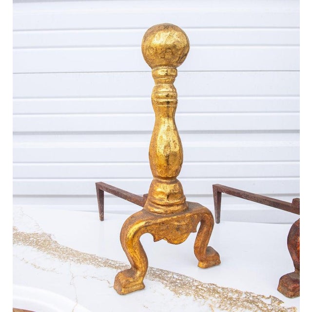Cast Iron Fireplace Andirons With Gold Enamel From the 1920's, Pair For Sale - Image 6 of 10