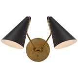 AERIN for Visual Comfort Signature Clemente Double Sconce in Hand-Rubbed Antique Brass with Matte Black Shades For Sale