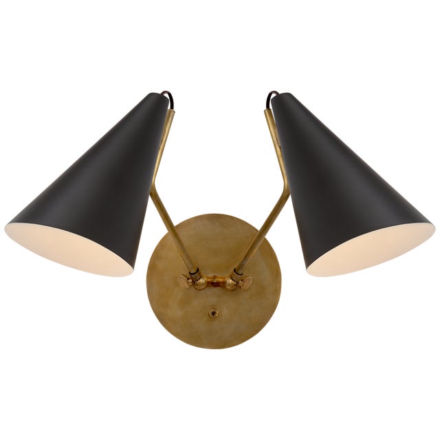 AERIN for Visual Comfort Signature Clemente Double Sconce in Hand-Rubbed Antique Brass with Matte Black Shades For Sale