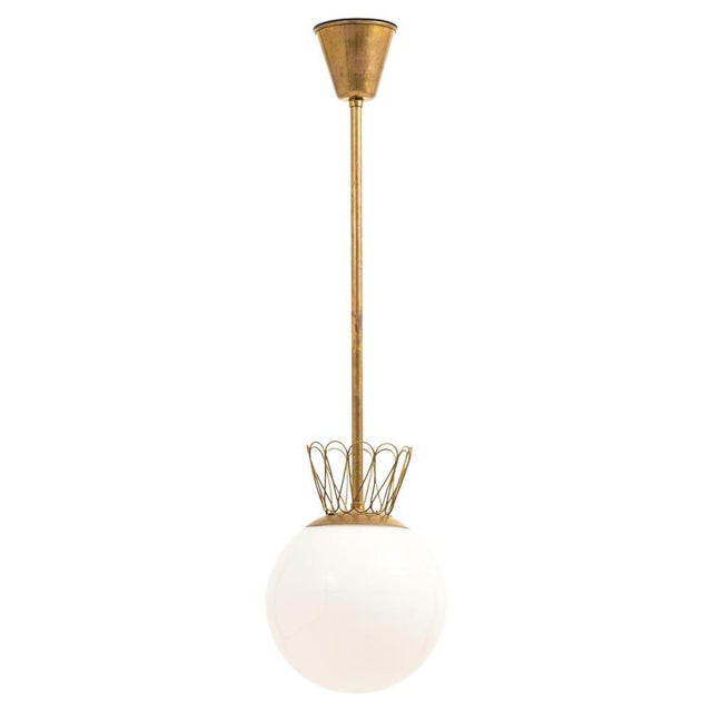 Metal Ceiling Lamp in Brass and White Opaline Glass, 1950s For Sale - Image 7 of 7