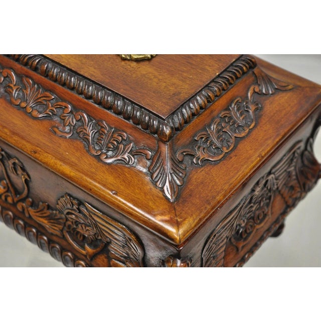 Late 20th Century French Empire Rococo Style Carved Mahogany Paw Foot Jewelry Vanity Trinket Box For Sale - Image 4 of 12