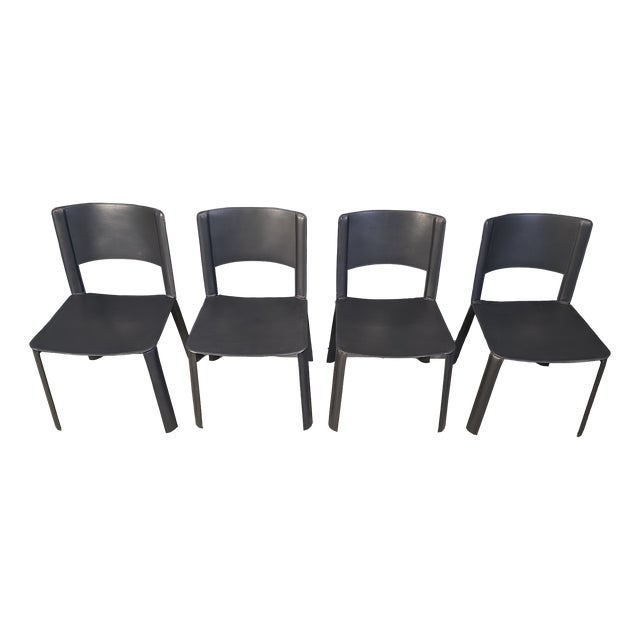 Vintage Black Leather Dining Chairs, Italy, 1980s, Set of 4 For Sale